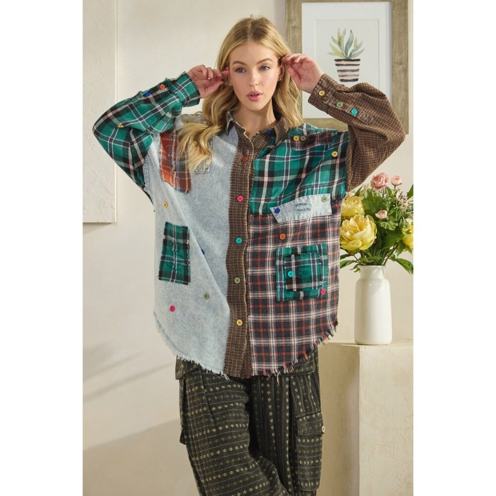 Oli And Hali Color Block Patchwork Plaid Shirt